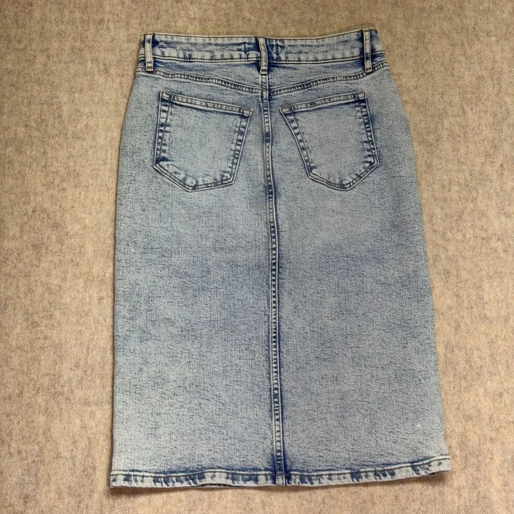 LOFT Acid Wash Denim Midi‎ Skirt Front Slit Pencil Jean Light Blue Size 0P Retro